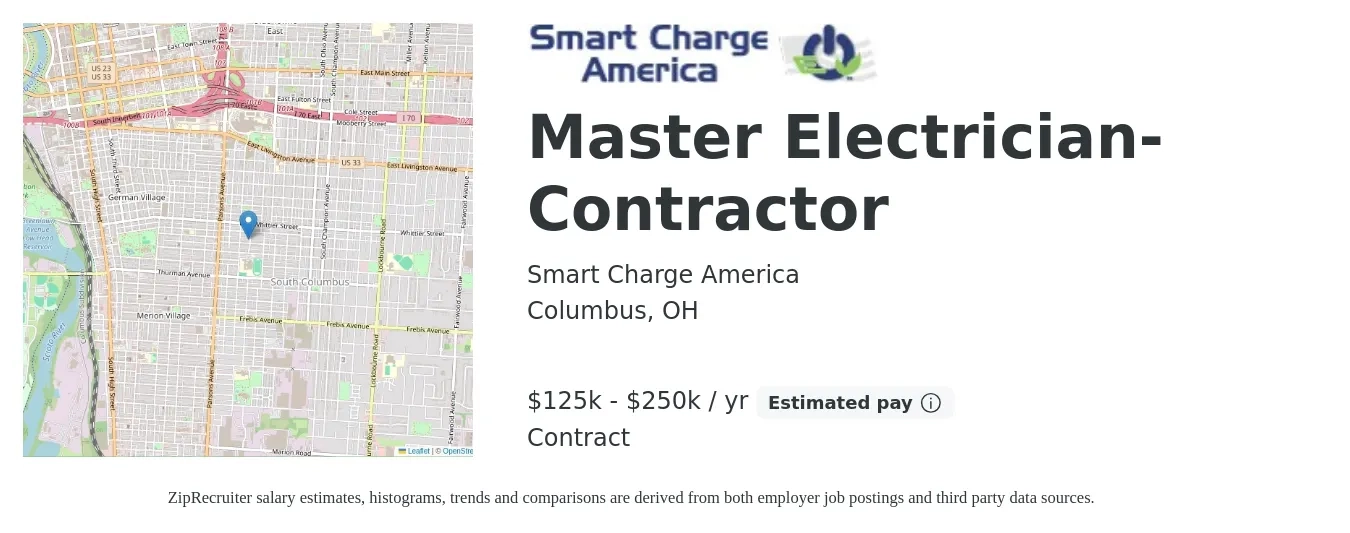 Smart Charge America job posting for a Master Electrician- Contractor in Columbus, OH with a salary of $125,000 to $250,000 Yearly with a map of Columbus location.