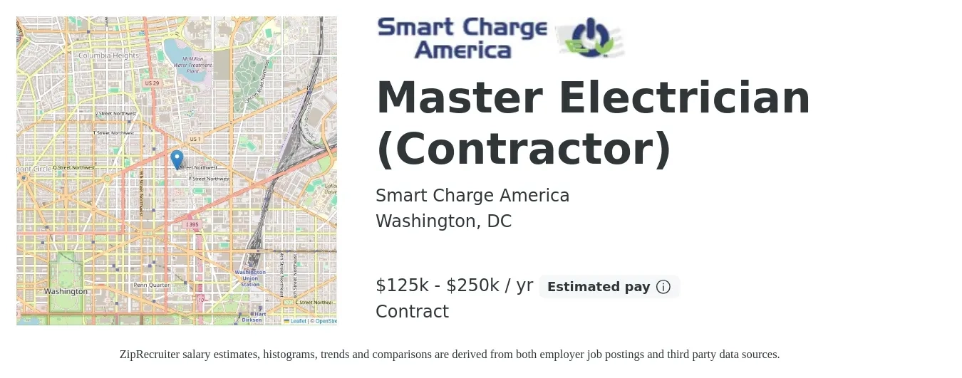 Smart Charge America job posting for a Master Electrician (Contractor) in Washington, DC with a salary of $125,000 to $250,000 Yearly with a map of Washington location.