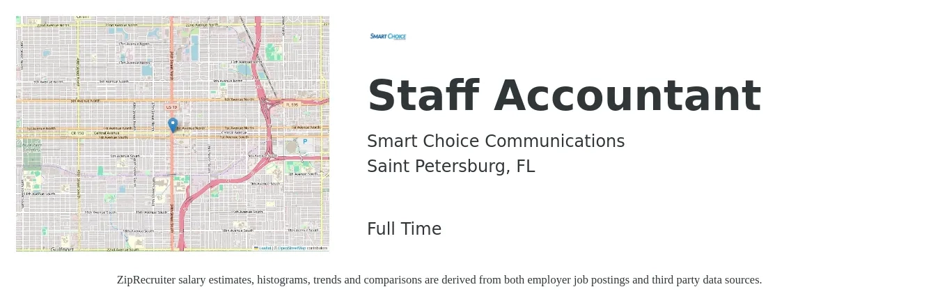 Smart Choice Communications job posting for a Staff Accountant in Saint Petersburg, FL with a salary of $52,000 to $68,600 Yearly with a map of Saint Petersburg location.