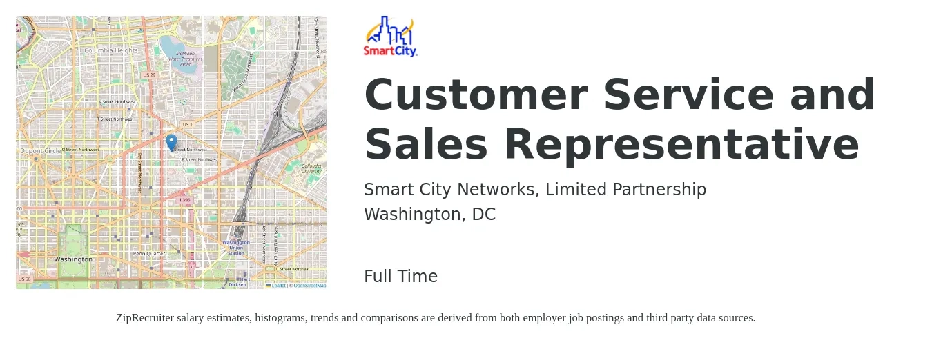 Smart City Networks, Limited Partnership job posting for a Customer Service and Sales Representative in Washington, DC with a salary of $20 to $31 Hourly with a map of Washington location.