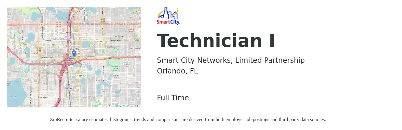 Smart City Networks, Limited Partnership job posting for a Technician I in Orlando, FL with a salary of $17 to $24 Hourly with a map of Orlando location.