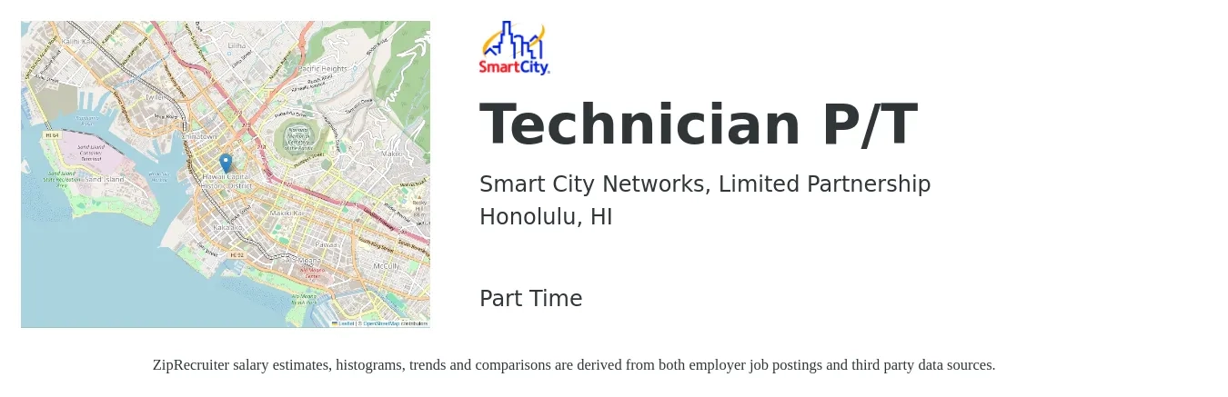 Smart City Networks, Limited Partnership job posting for a Technician P/T in Honolulu, HI with a salary of $20 to $27 Hourly with a map of Honolulu location.