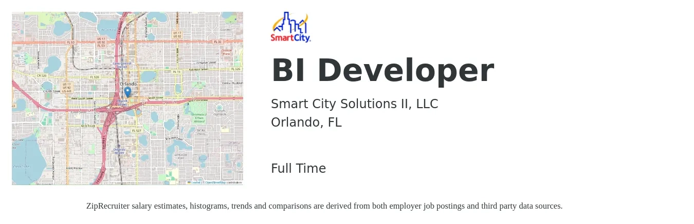 Smart City Solutions II, LLC job posting for a BI Developer in Orlando, FL with a salary of $43 to $60 Hourly with a map of Orlando location.