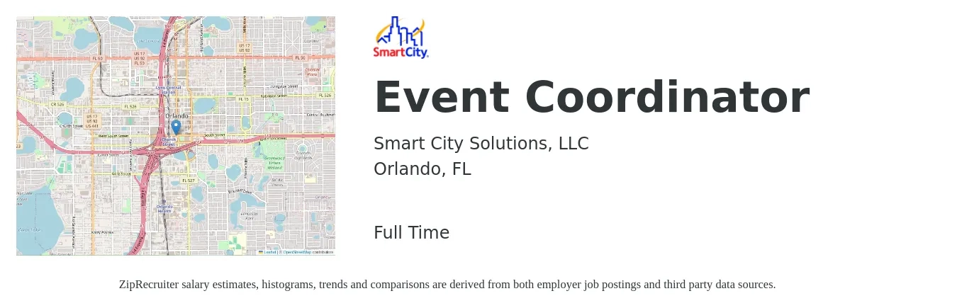 Smart City Solutions, LLC job posting for a Event Coordinator in Orlando, FL with a salary of $19 to $27 Hourly with a map of Orlando location.