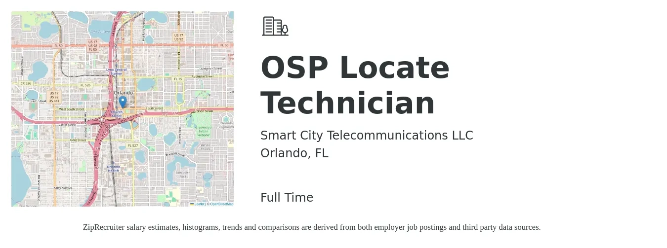Smart City Telecommunications LLC job posting for a OSP Locate Technician in Orlando, FL with a salary of $20 to $31 Hourly with a map of Orlando location.