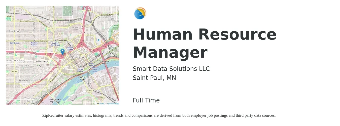 Smart Data Solutions LLC job posting for a Human Resource Manager in Saint Paul, MN with a salary of $70,400 to $102,000 Yearly with a map of Saint Paul location.