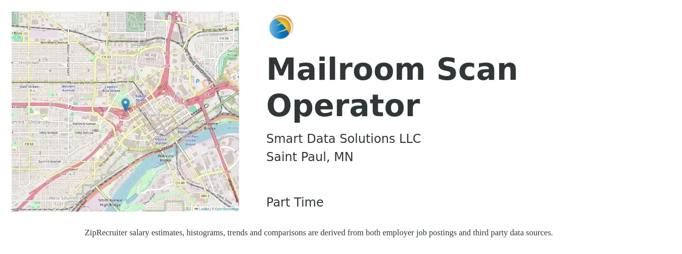 Smart Data Solutions LLC job posting for a Mailroom Scan Operator in Saint Paul, MN with a salary of $16 to $20 Hourly with a map of Saint Paul location.