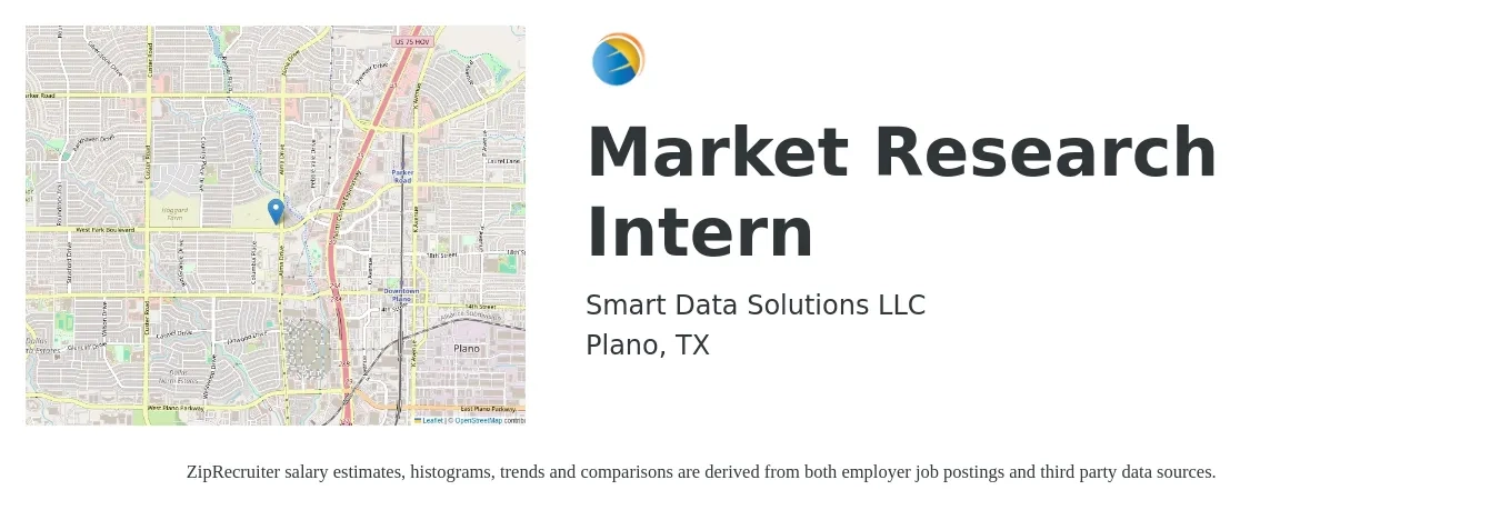 Smart Data Solutions LLC job posting for a Market Research Intern in Plano, TX with a salary of $2,810 to $7,010 Monthly with a map of Plano location.