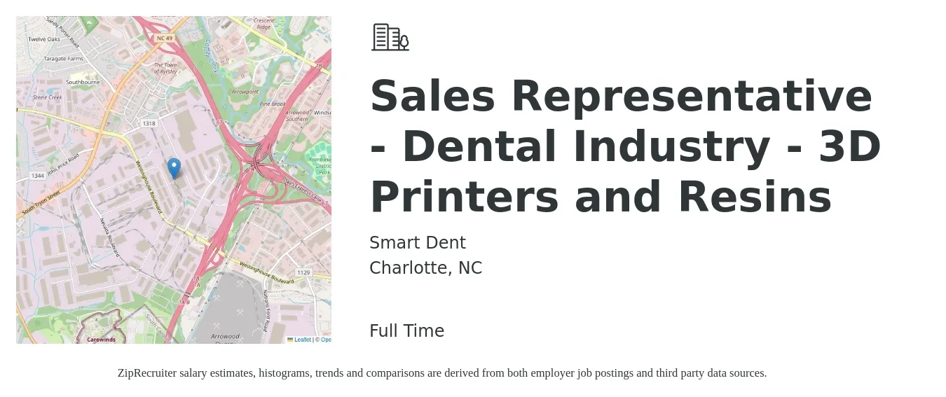 Smart Dent job posting for a Sales Representative - Dental Industry - 3D Printers and Resins in Charlotte, NC with a salary of $52,300 to $90,800 Yearly with a map of Charlotte location.