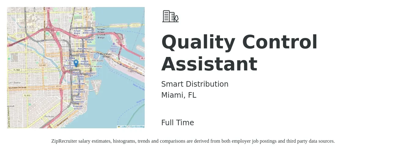 Smart Distribution job posting for a Quality Control Assistant in Miami, FL with a salary of $16 to $23 Hourly with a map of Miami location.