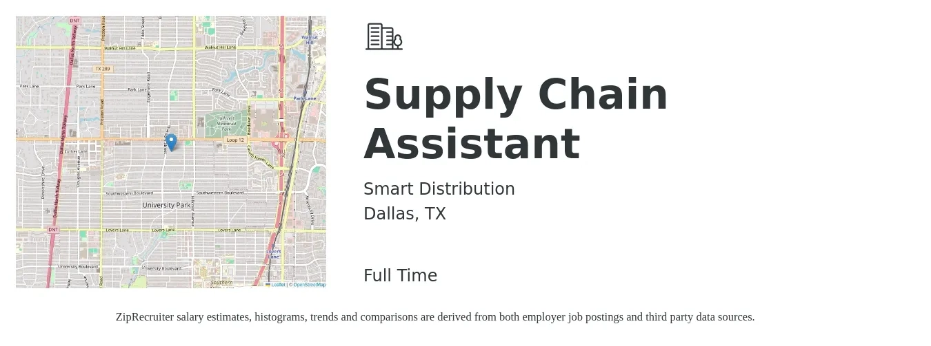 Smart Distribution job posting for a Supply Chain Assistant in Dallas, TX with a salary of $20 to $29 Hourly with a map of Dallas location.