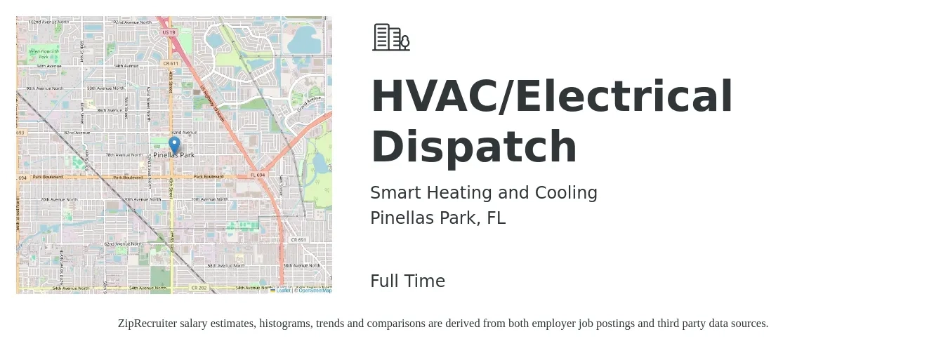 Smart Heating and Cooling job posting for a HVAC/Electrical Dispatch in Pinellas Park, FL with a salary of $16 to $22 Hourly with a map of Pinellas Park location.