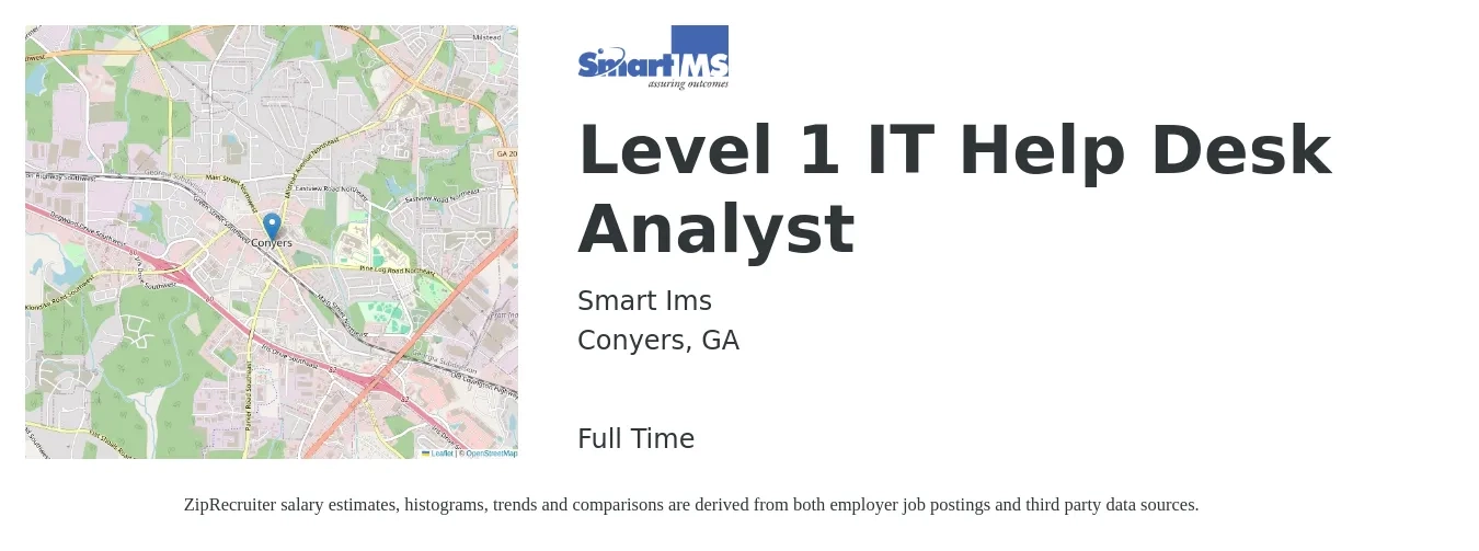 Smart Ims job posting for a Level 1 IT Help Desk Analyst in Conyers, GA with a salary of $18 to $26 Hourly with a map of Conyers location.