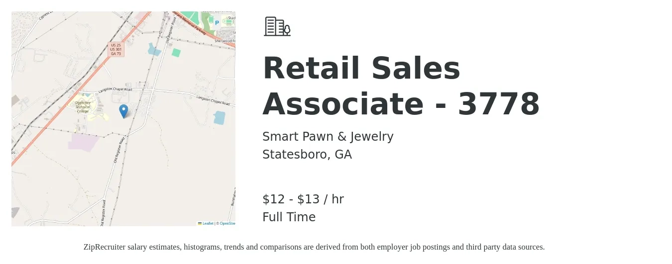 Smart Pawn & Jewelry job posting for a Retail Sales Associate - 3778 in Statesboro, GA with a salary of $13 to $14 Hourly with a map of Statesboro location.