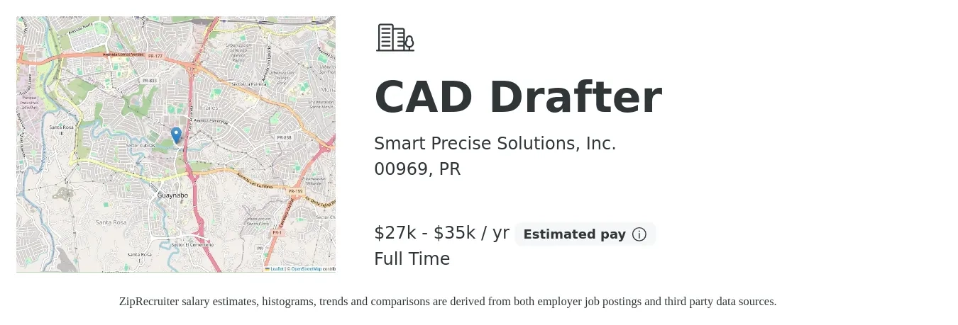 Smart Precise Solutions, Inc. job posting for a CAD Drafter in 00969, PR with a salary of $27,040 to $35,360 Yearly with a map of 00969 location.