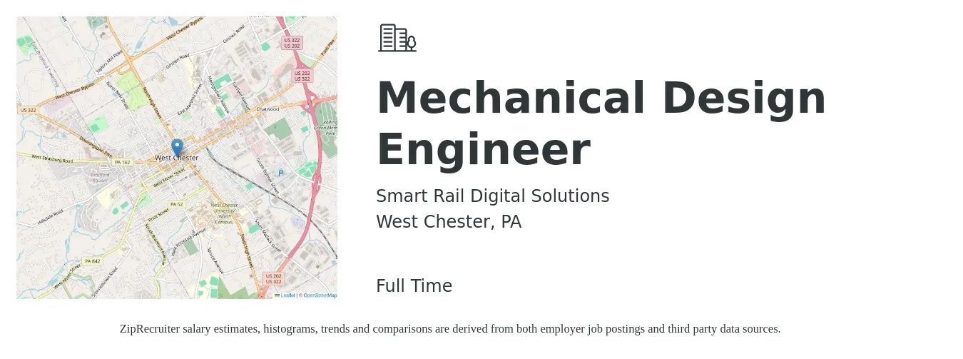 Smart Rail Digital Solutions job posting for a Mechanical Design Engineer in West Chester, PA with a salary of $72,000 to $97,500 Yearly with a map of West Chester location.