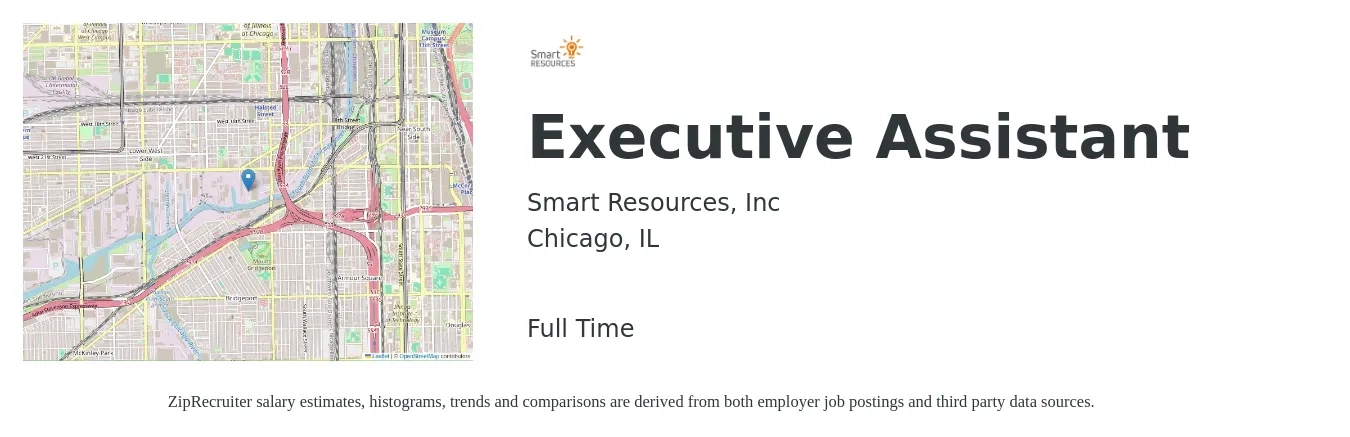 Smart Resources, Inc job posting for a Executive Assistant in Chicago, IL with a salary of $51,500 to $77,300 Yearly with a map of Chicago location.