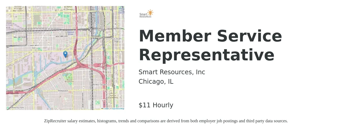 Smart Resources, Inc job posting for a Member Service Representative in Chicago, IL with a salary of $12 Hourly with a map of Chicago location.