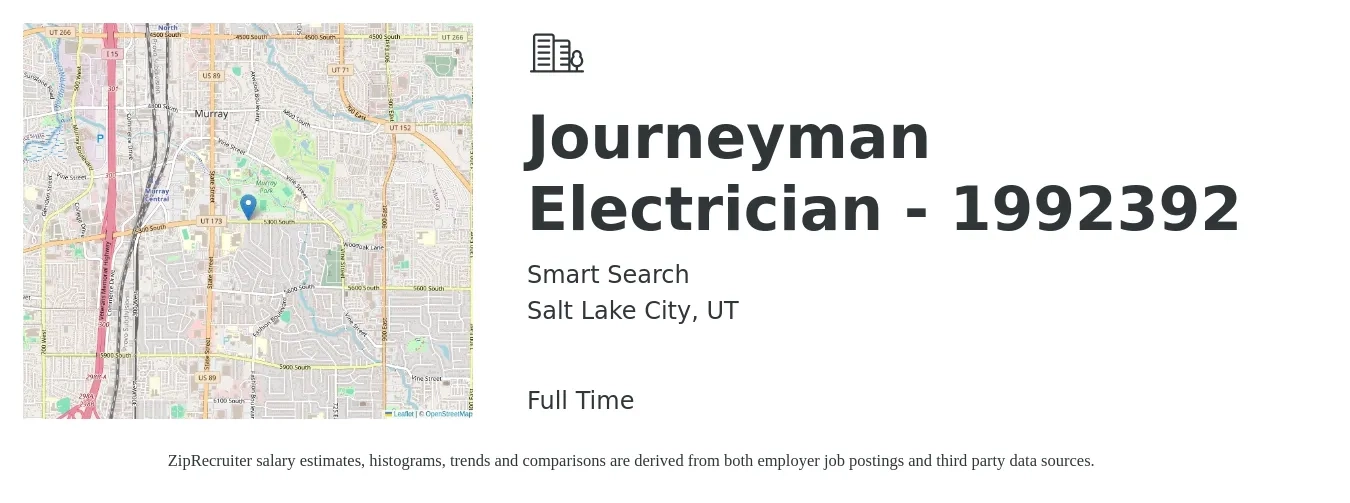 Smart Search job posting for a Journeyman Electrician - 1992392 in Salt Lake City, UT with a salary of $27 to $37 Hourly with a map of Salt Lake City location.