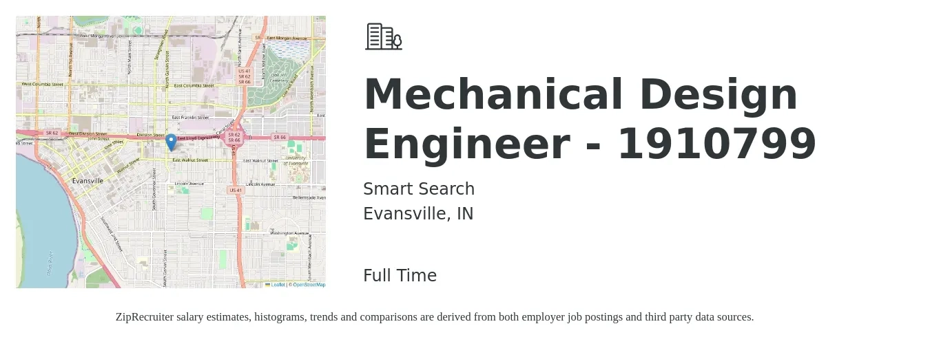 Smart Search job posting for a Mechanical Design Engineer - 1910799 in Evansville, IN with a salary of $72,500 to $98,200 Yearly with a map of Evansville location.