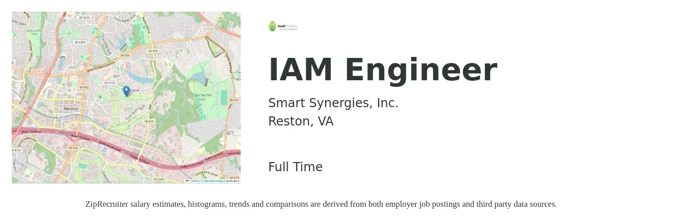 Smart Synergies, Inc. job posting for a IAM Engineer in Reston, VA with a salary of $100,900 to $145,600 Yearly with a map of Reston location.