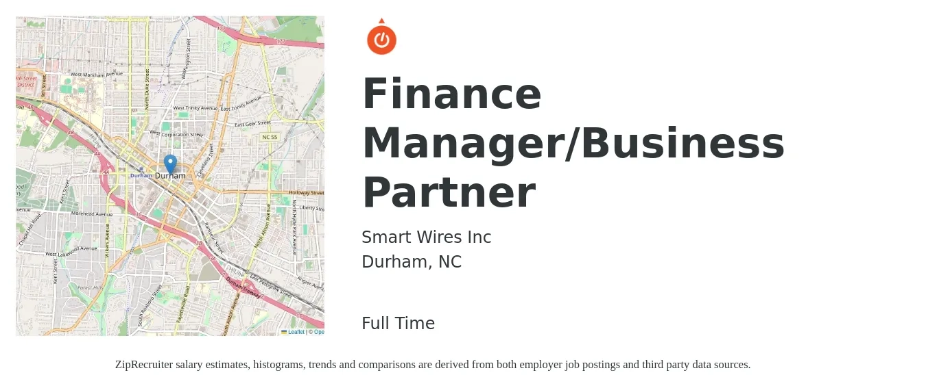 Smart Wires Inc job posting for a Finance Manager/Business Partner in Durham, NC with a salary of $81,700 to $114,000 Yearly with a map of Durham location.