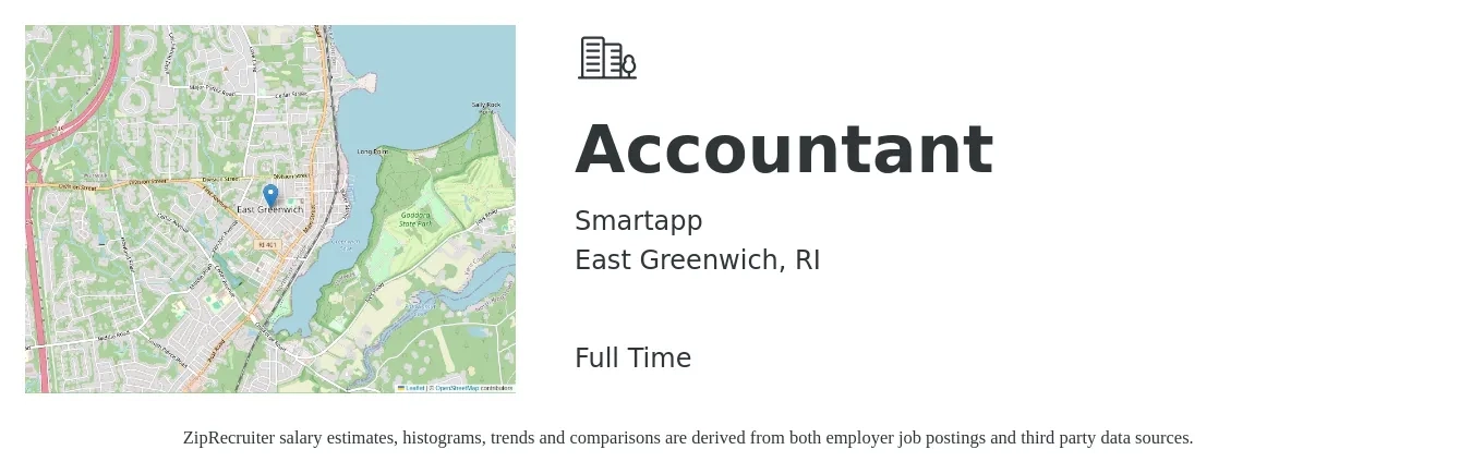 Smartapp job posting for a Accountant in East Greenwich, RI with a salary of $52,600 to $77,200 Yearly with a map of East Greenwich location.