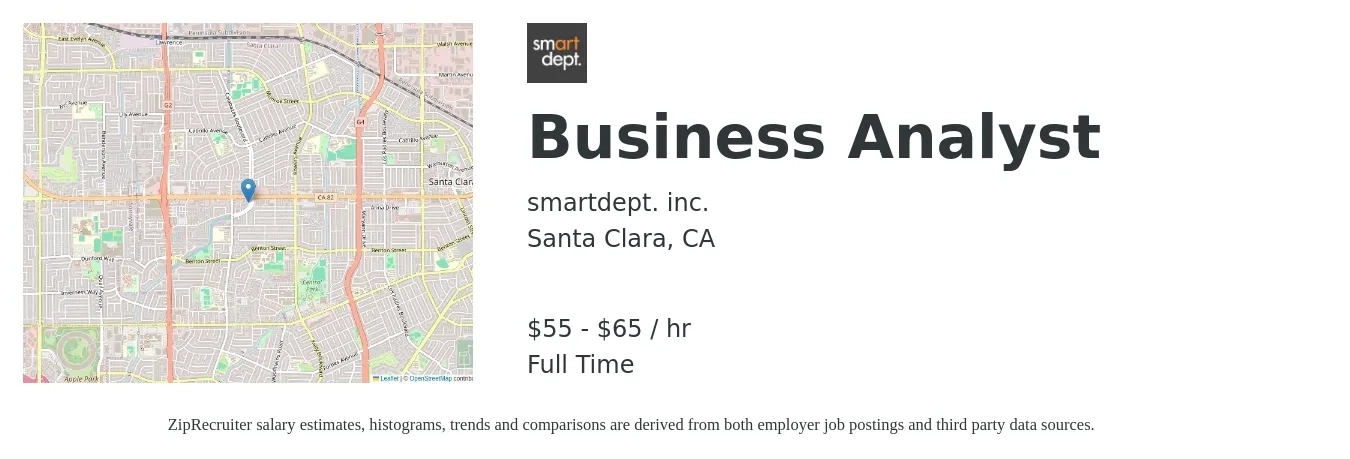 smartdept. inc. job posting for a Business Analyst in Santa Clara, CA with a salary of $58 to $68 Hourly with a map of Santa Clara location.