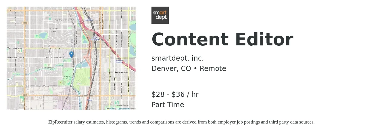 smartdept. inc. job posting for a Content Editor in Denver, CO with a salary of $30 to $38 Hourly with a map of Denver location.