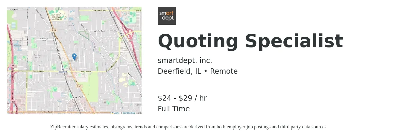 smartdept. inc. job posting for a Quoting Specialist in Deerfield, IL with a salary of $25 to $31 Hourly with a map of Deerfield location.
