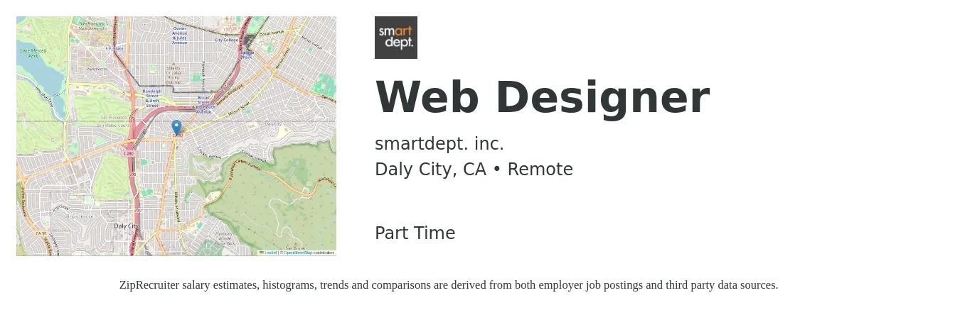 smartdept. inc. job posting for a Web Designer in Daly City, CA with a salary of $31 to $46 Hourly with a map of Daly City location.