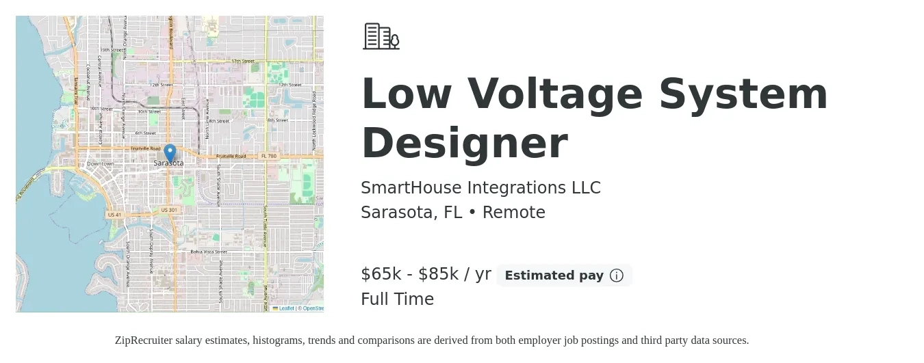 SmartHouse Integrations LLC job posting for a Low Voltage System Designer in Sarasota, FL with a salary of $65,000 to $85,000 Yearly with a map of Sarasota location.