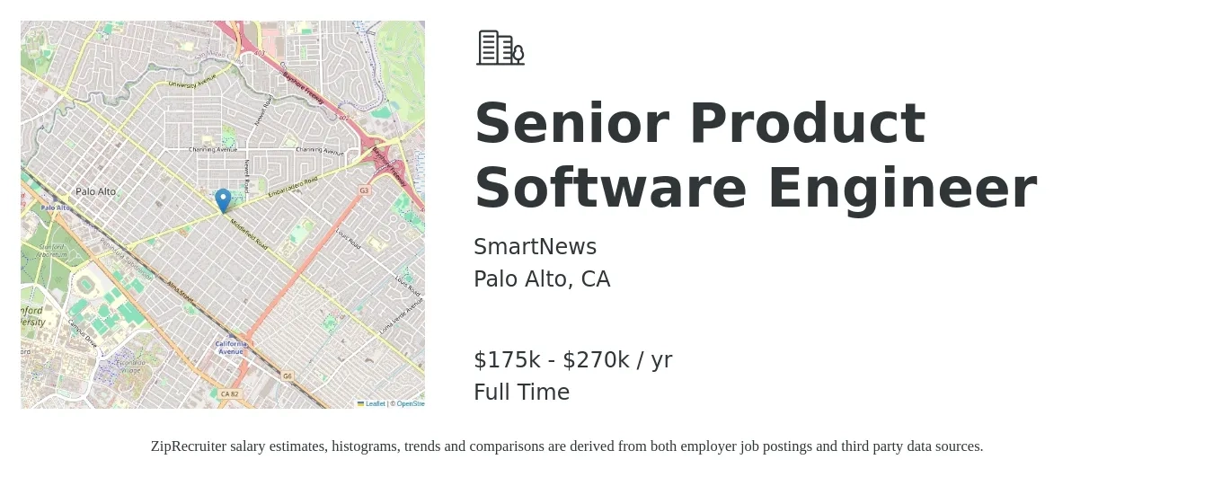 SmartNews job posting for a Senior Product Software Engineer in Palo Alto, CA with a salary of $175,000 to $270,000 Yearly with a map of Palo Alto location.