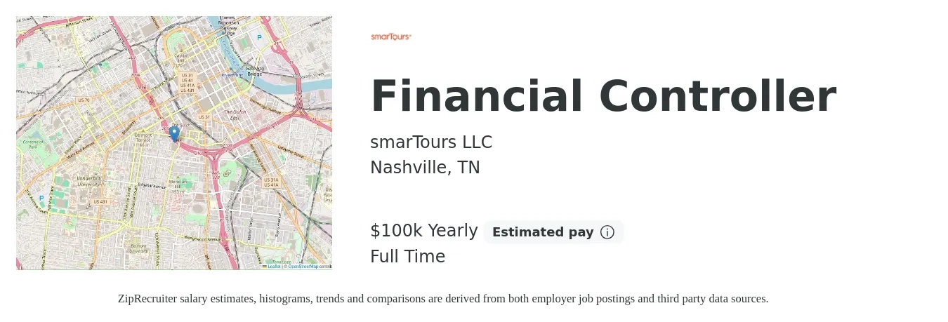 smarTours LLC job posting for a Financial Controller in Nashville, TN with a salary of $100,000 Yearly with a map of Nashville location.