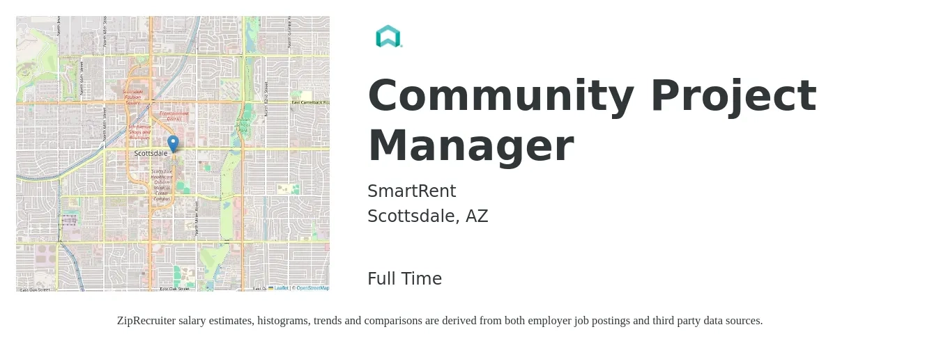 SmartRent job posting for a Community Project Manager in Scottsdale, AZ with a salary of $79,100 to $123,900 Yearly with a map of Scottsdale location.