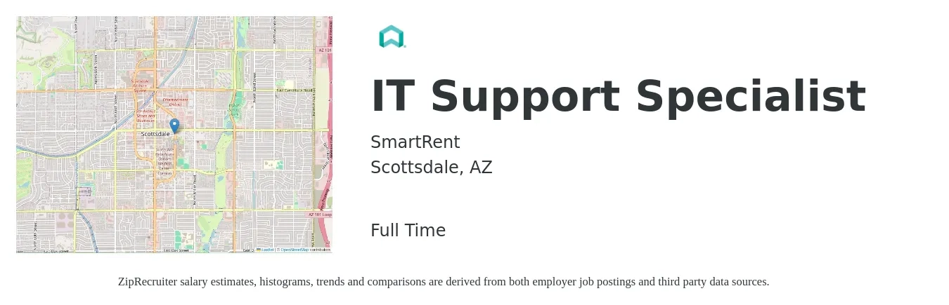 SmartRent job posting for a IT Support Specialist in Scottsdale, AZ with a salary of $46,800 to $94,700 Yearly with a map of Scottsdale location.