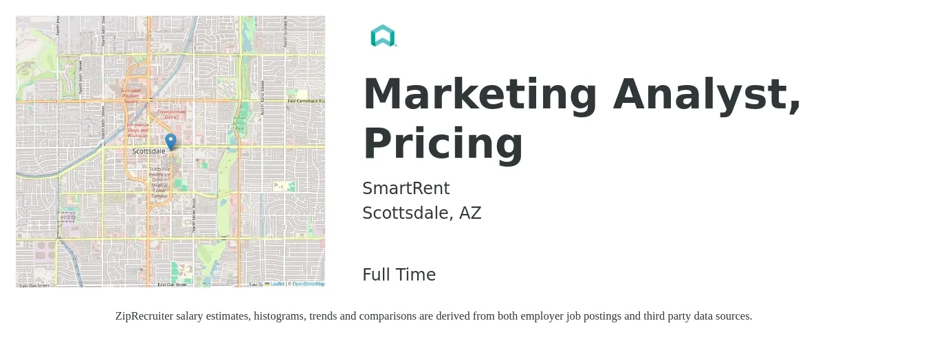 SmartRent job posting for a Marketing Analyst, Pricing in Scottsdale, AZ with a salary of $54,400 to $81,100 Yearly with a map of Scottsdale location.