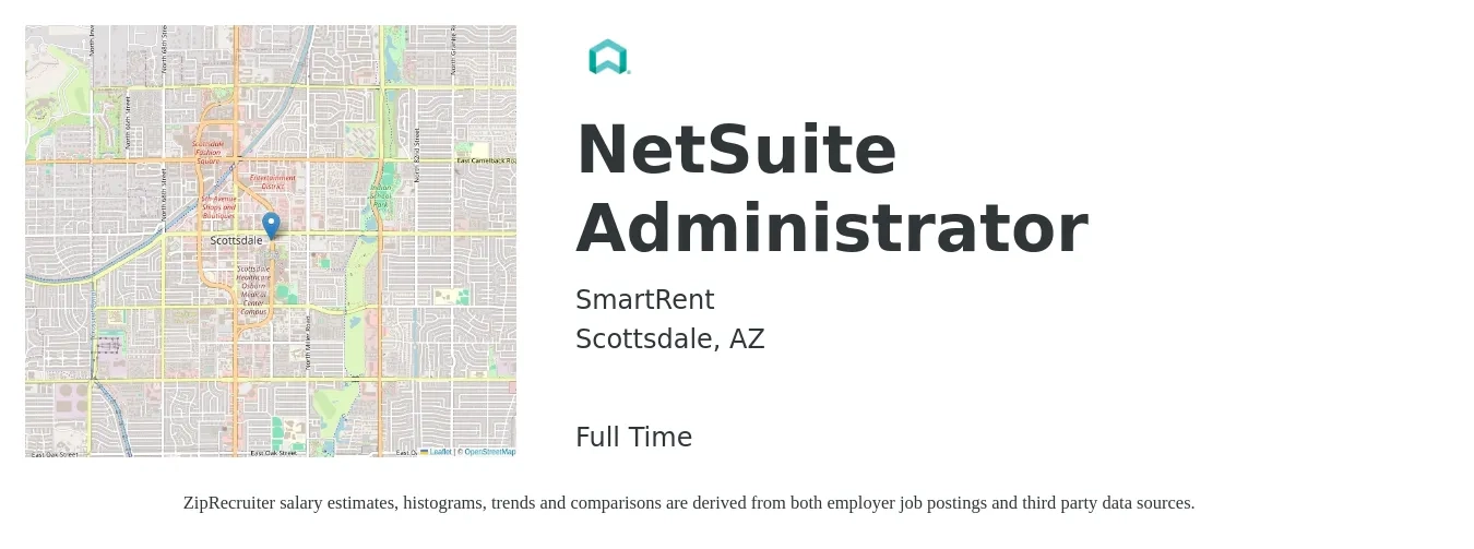 SmartRent job posting for a NetSuite Administrator in Scottsdale, AZ with a salary of $100,700 to $120,400 Yearly with a map of Scottsdale location.