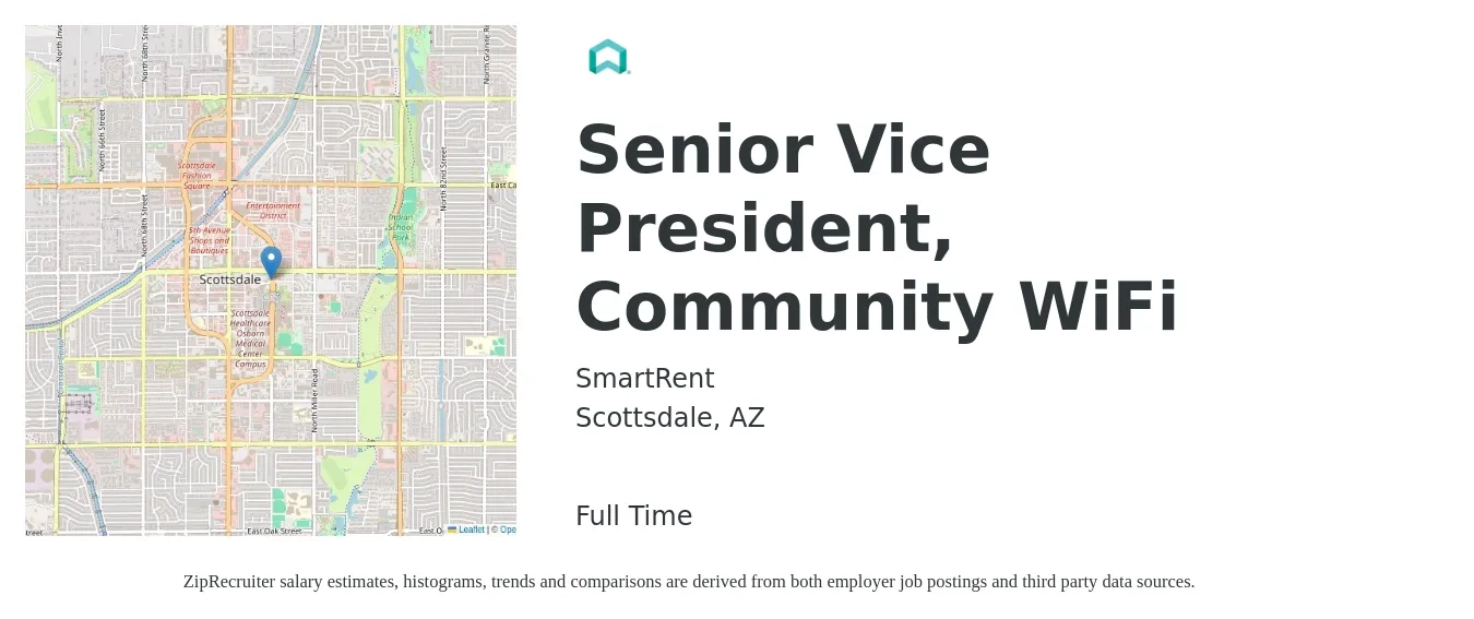 SmartRent job posting for a Senior Vice President, Community WiFi in Scottsdale, AZ with a salary of $115,900 to $191,400 Yearly with a map of Scottsdale location.