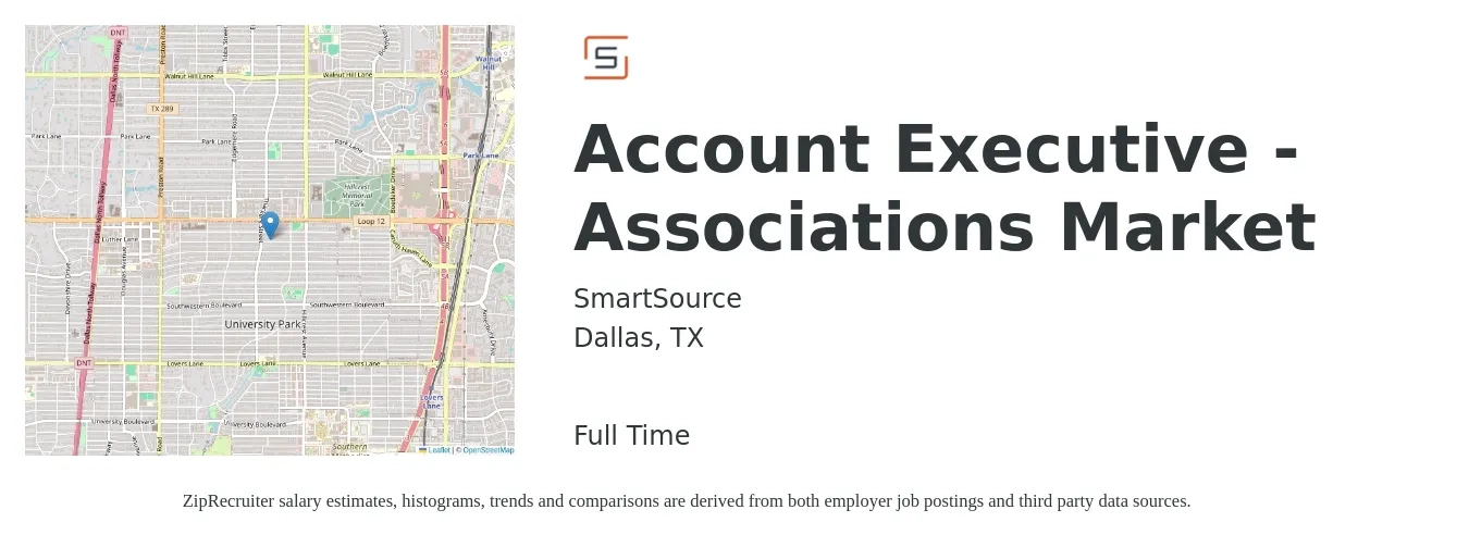 SmartSource job posting for a Account Executive - Associations Market in Dallas, TX with a salary of $53,400 to $94,000 Yearly with a map of Dallas location.