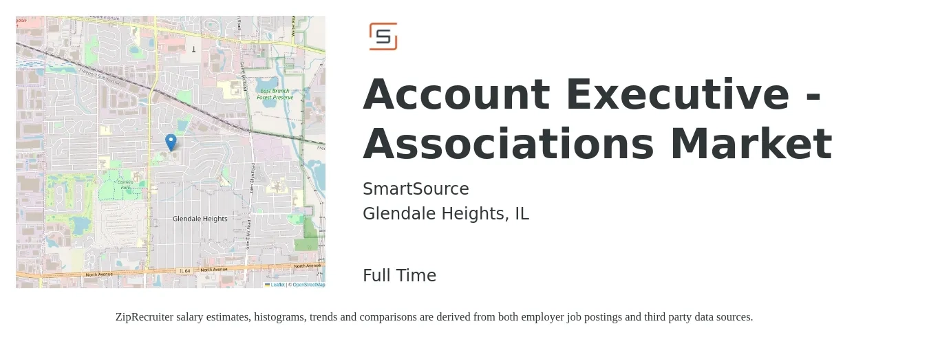 SmartSource job posting for a Account Executive - Associations Market in Glendale Heights, IL with a salary of $55,000 to $96,800 Yearly with a map of Glendale Heights location.