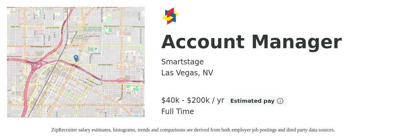Smartstage job posting for a Account Manager in Las Vegas, NV with a salary of $40,000 to $200,000 Yearly (plus commission) and benefits including pto with a map of Las Vegas location.