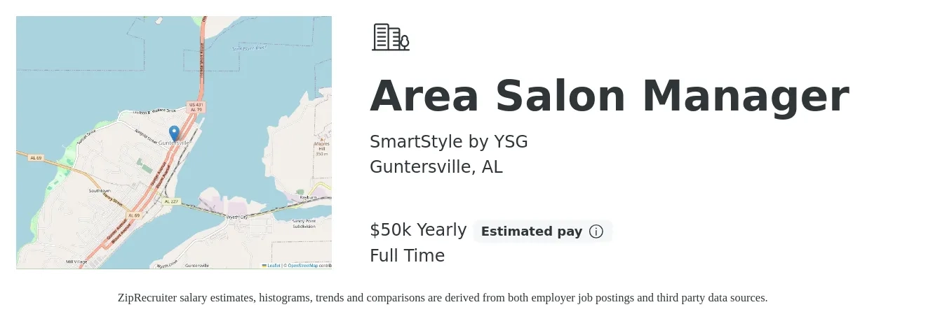SmartStyle by YSG job posting for a Area Salon Manager in Guntersville, AL with a salary of $50,000 Yearly with a map of Guntersville location.