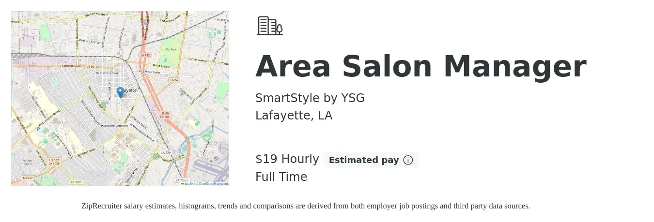 SmartStyle by YSG job posting for a Area Salon Manager in Lafayette, LA with a salary of $50,000 Yearly with a map of Lafayette location.