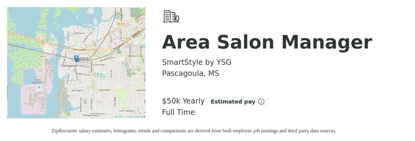 SmartStyle by YSG job posting for a Area Salon Manager in Pascagoula, MS with a salary of $50,000 Yearly with a map of Pascagoula location.