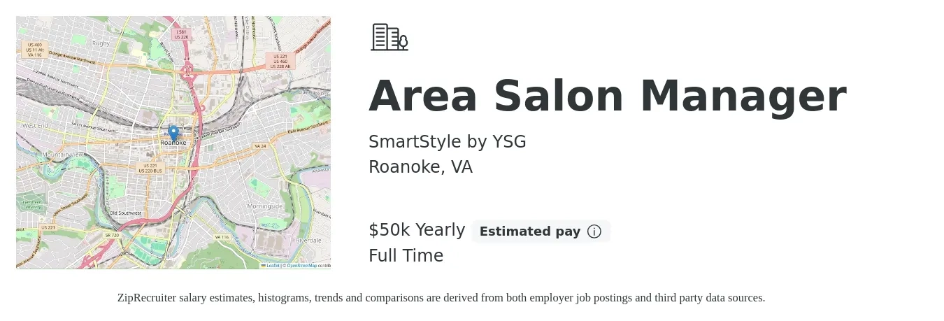 SmartStyle by YSG job posting for a Area Salon Manager in Roanoke, VA with a salary of $50,000 Yearly with a map of Roanoke location.