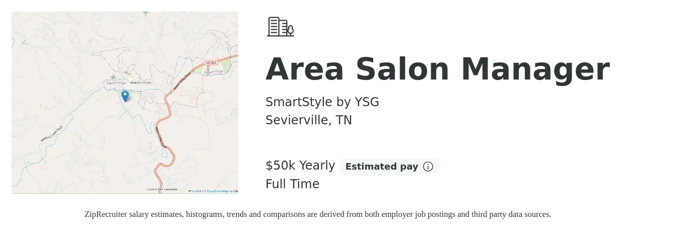 SmartStyle by YSG job posting for a Area Salon Manager in Sevierville, TN with a salary of $50,000 Yearly with a map of Sevierville location.