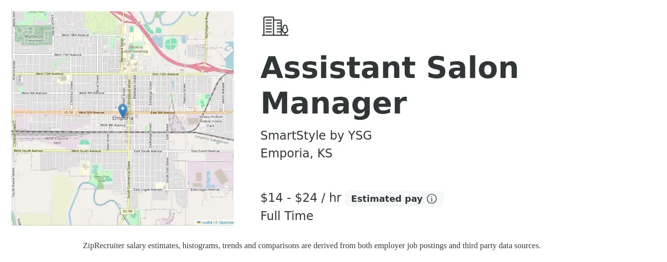 SmartStyle by YSG job posting for a Assistant Salon Manager in Emporia, KS with a salary of $15 to $25 Hourly with a map of Emporia location.