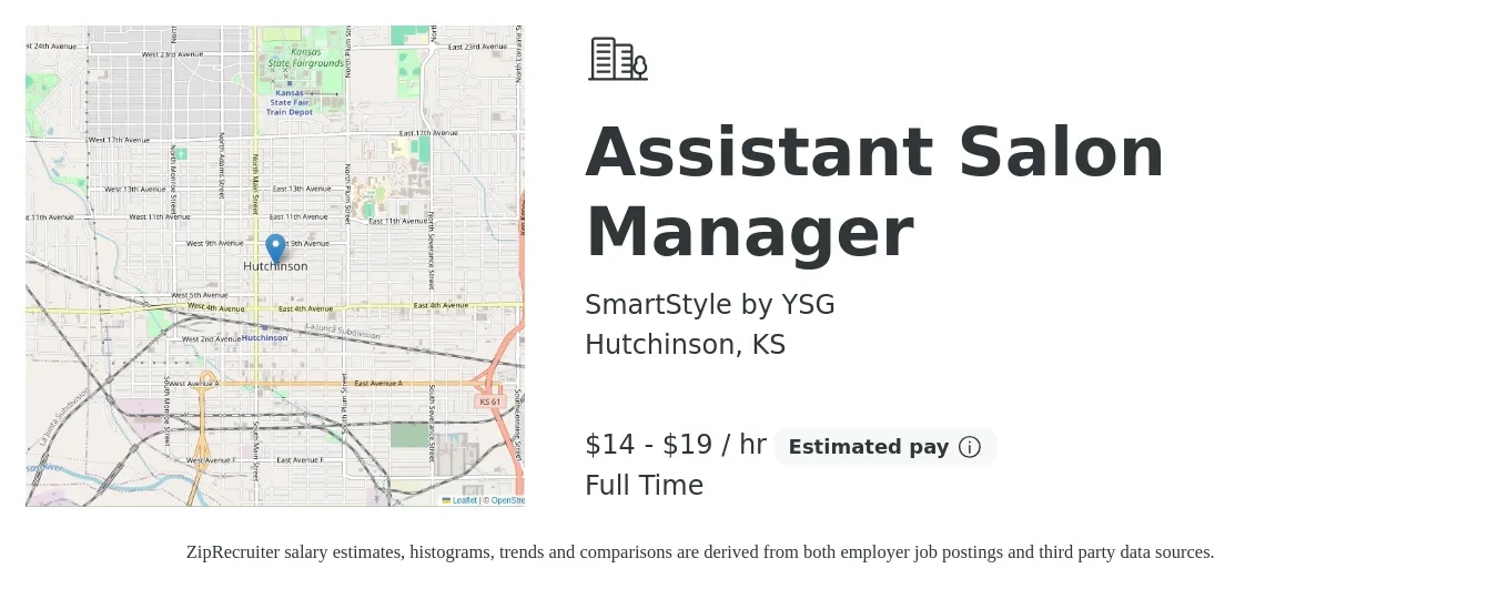 SmartStyle by YSG job posting for a Assistant Salon Manager in Hutchinson, KS with a salary of $15 to $20 Hourly with a map of Hutchinson location.