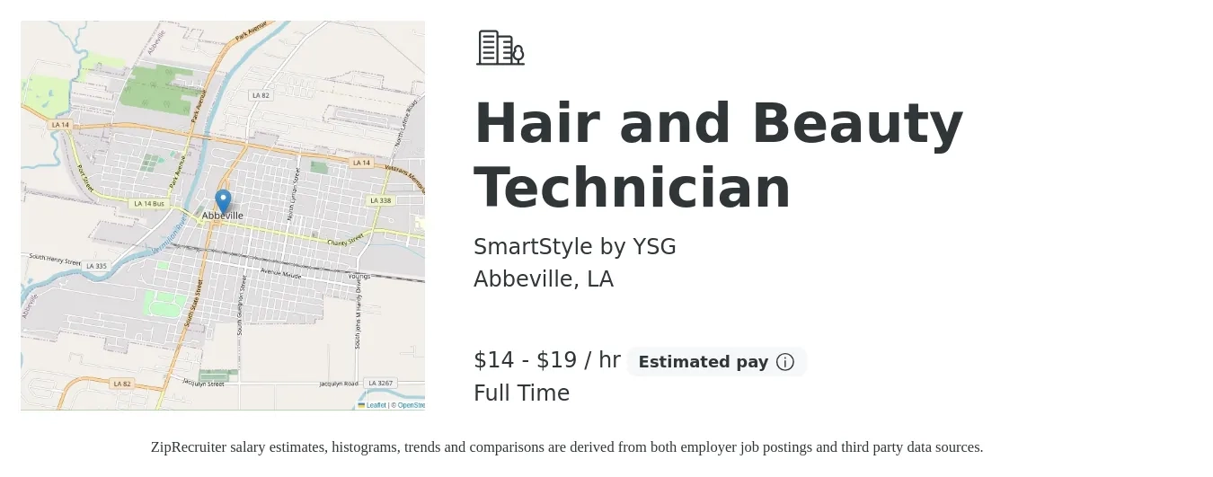 SmartStyle by YSG job posting for a Hair and Beauty Technician in Abbeville, LA with a salary of $15 to $20 Hourly with a map of Abbeville location.